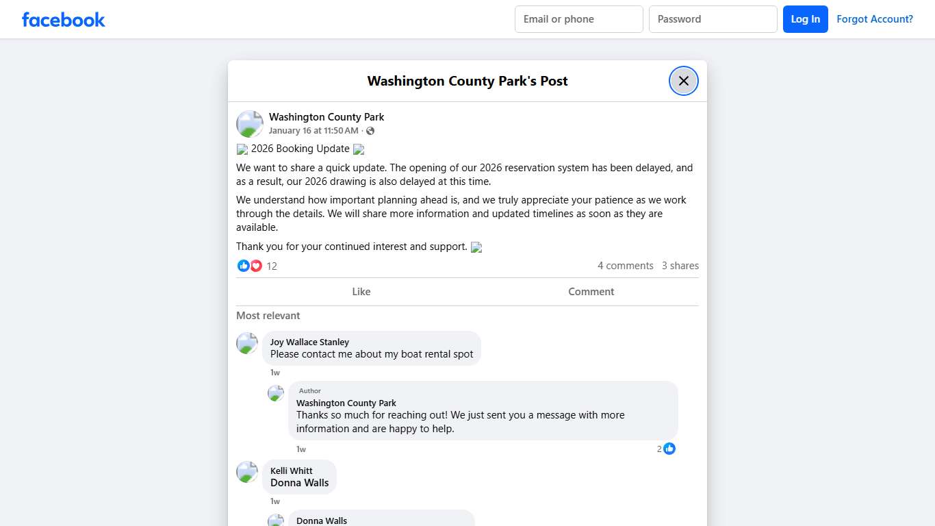 📢 2026 Booking Update 📢 We want... - Washington County Park Facebook