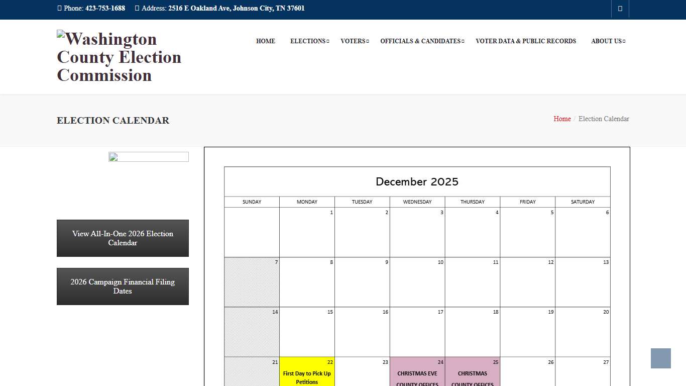 Election Calendar - Washington County Election Commission